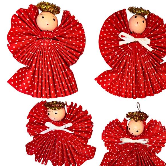 Vintage Red Polka Dot Angel Ornaments – Set of 8 Handmade Angels - Picture 3 of 9